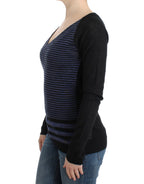Schwarzer V-Ausschnitt-Pullover mit Streifen