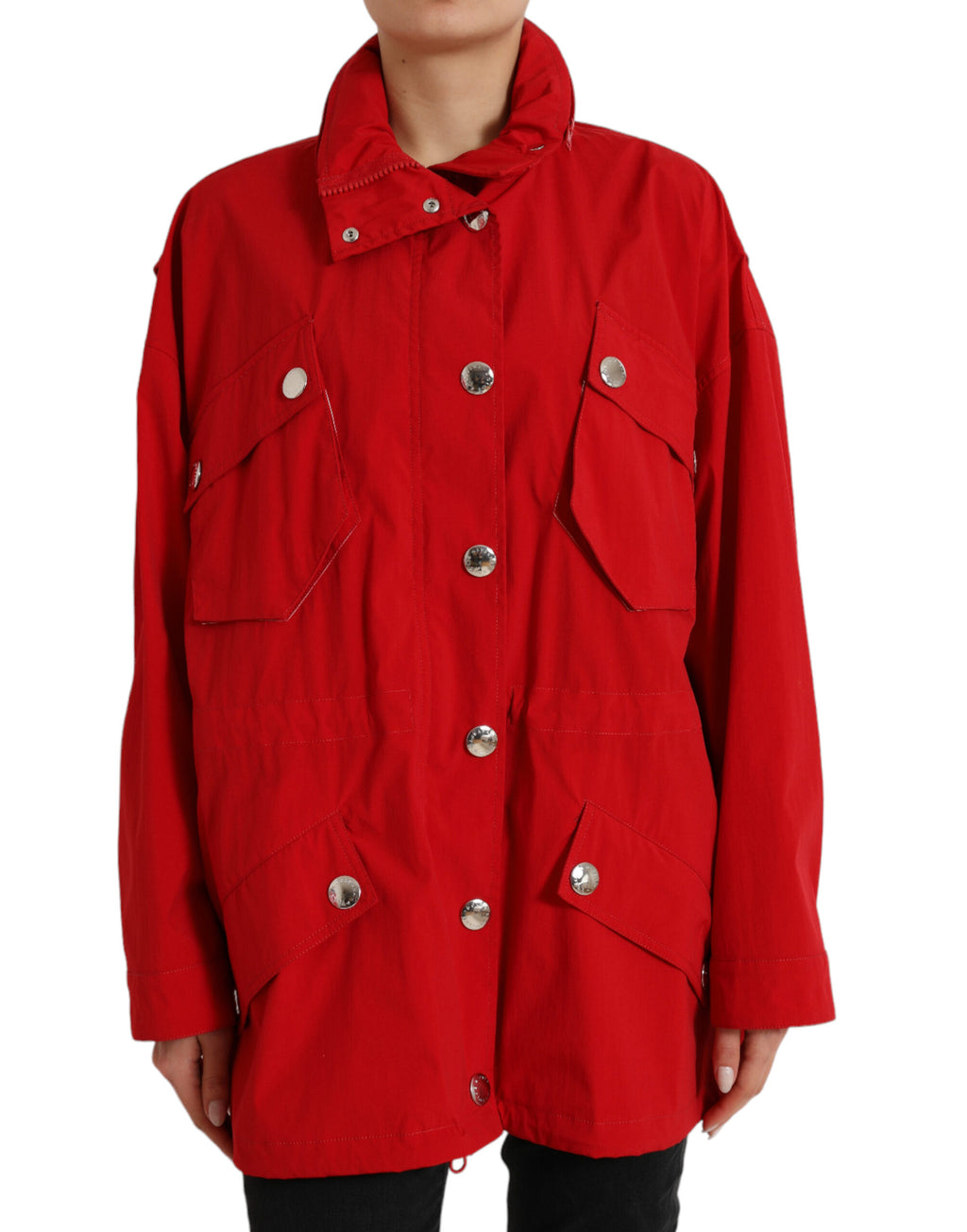 Rote Polyester Regenjacke mit Kapuze und Knopfverschluss