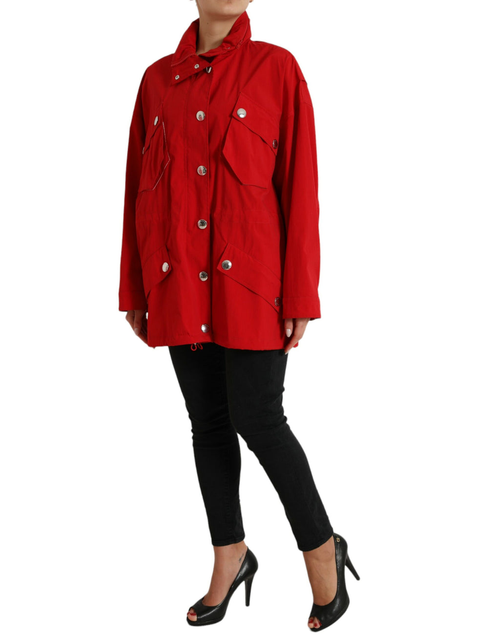 Rote Polyester Regenjacke mit Kapuze und Knopfverschluss