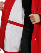 Rote Polyester Regenjacke mit Kapuze und Knopfverschluss