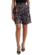 Schwarze High-Waist-Hotpants mit Blumenmuster