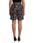 Schwarze High-Waist-Hotpants mit Blumenmuster