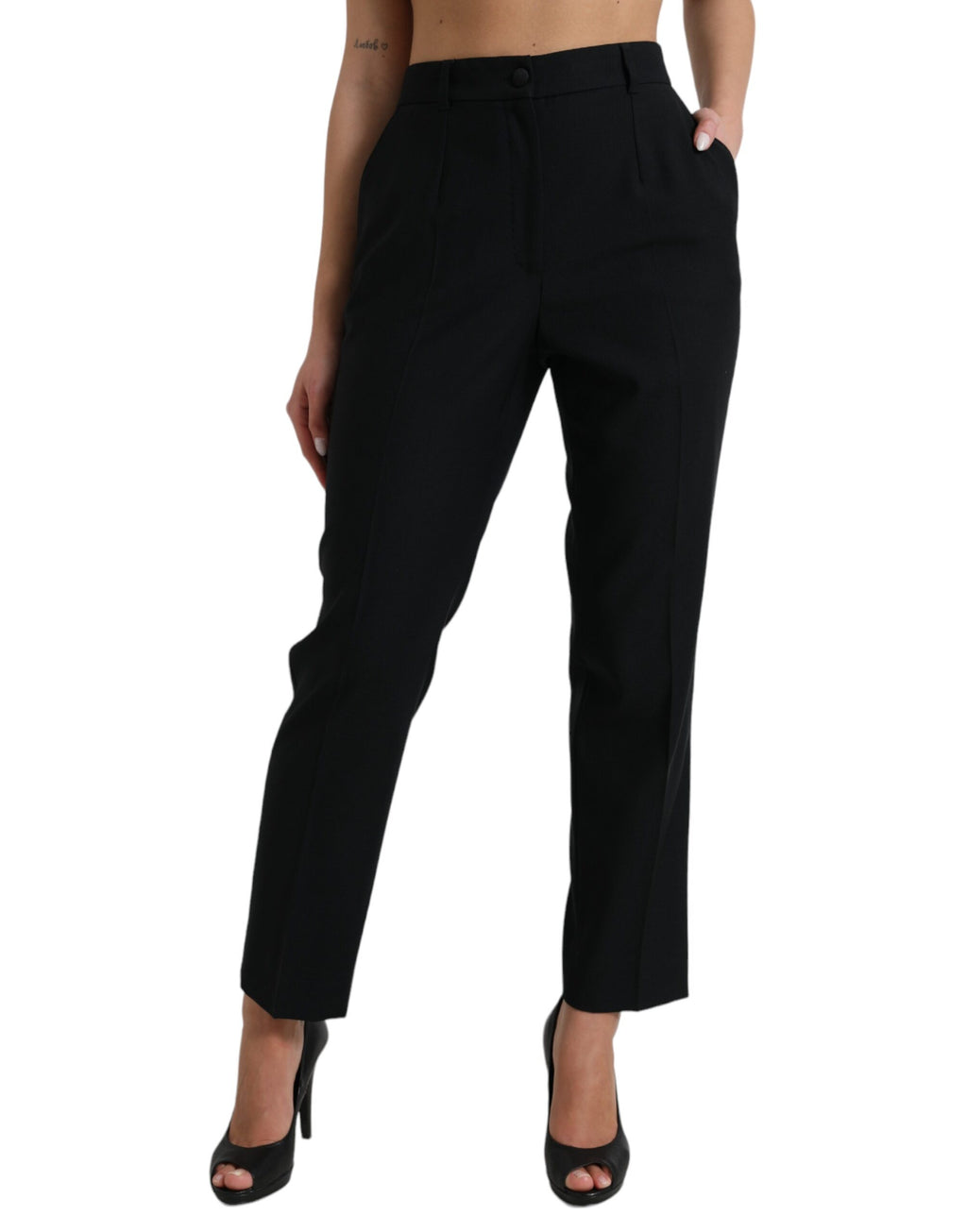 Schwarze gerade Hose aus Wolle mit hohem Bund