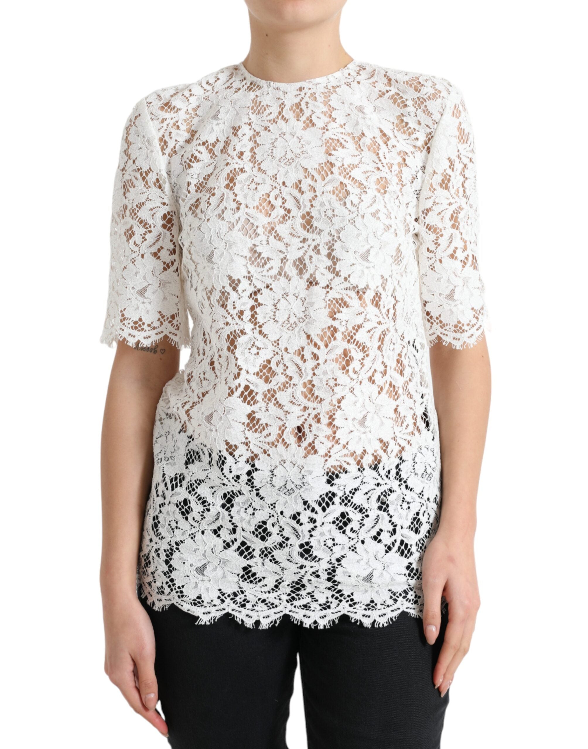 Weiße Bluse aus Baumwolle mit Blumenstickerei, Rundhalsausschnitt