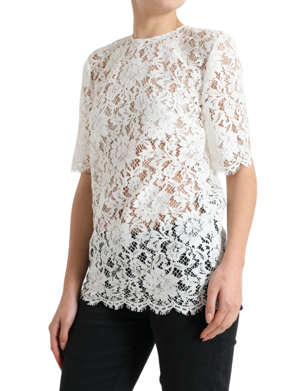 Weiße Bluse aus Baumwolle mit Blumenstickerei, Rundhalsausschnitt