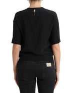 Black Silk Round Neck Short Sleeve Blouse Top