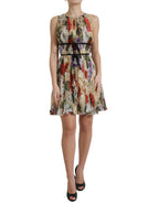 Beiges ärmelloses A-Linien-Minikleid mit Blumenmuster