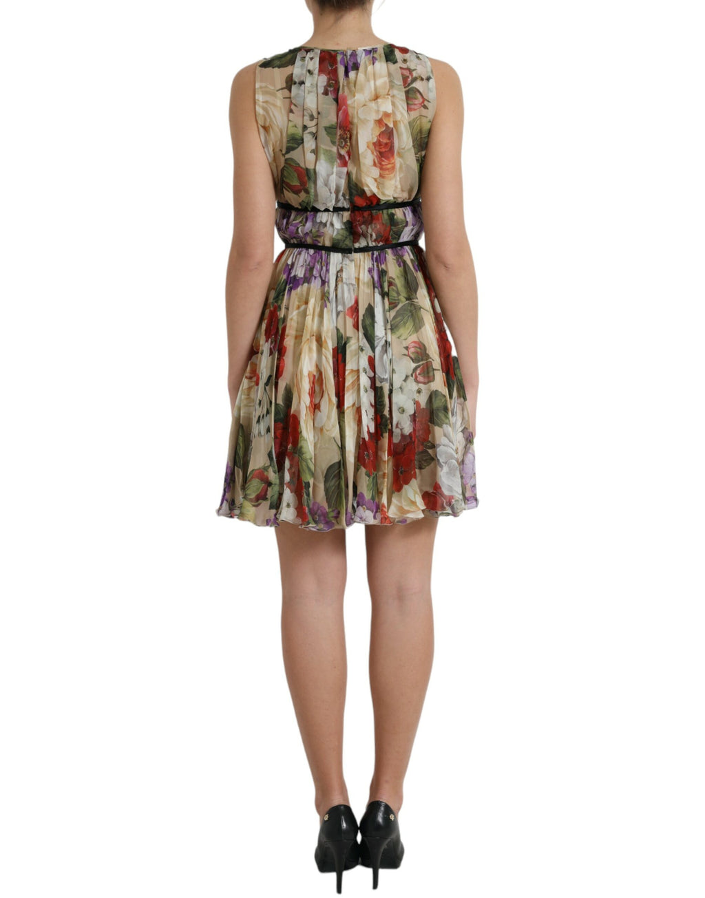 Beiges ärmelloses A-Linien-Minikleid mit Blumenmuster