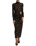 Schwarzes florales, ausgeschnittenes langes Maxi-Kleid im Etui-Stil