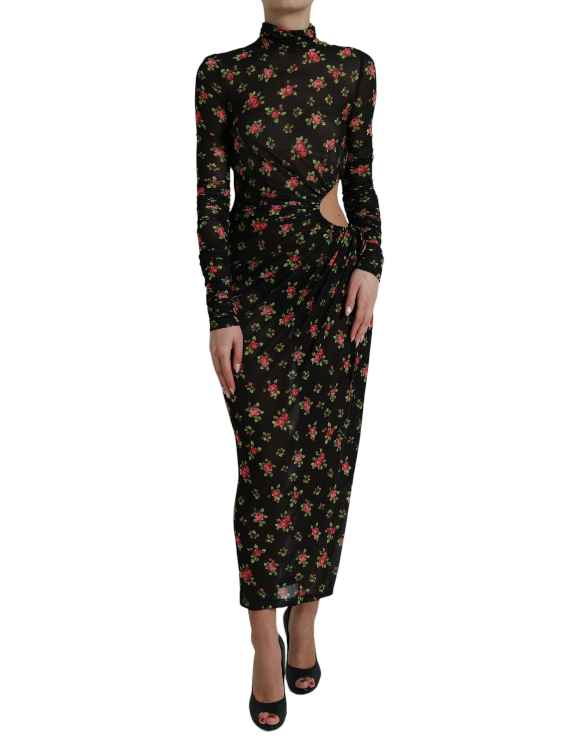 Schwarzes florales, ausgeschnittenes langes Maxi-Kleid im Etui-Stil