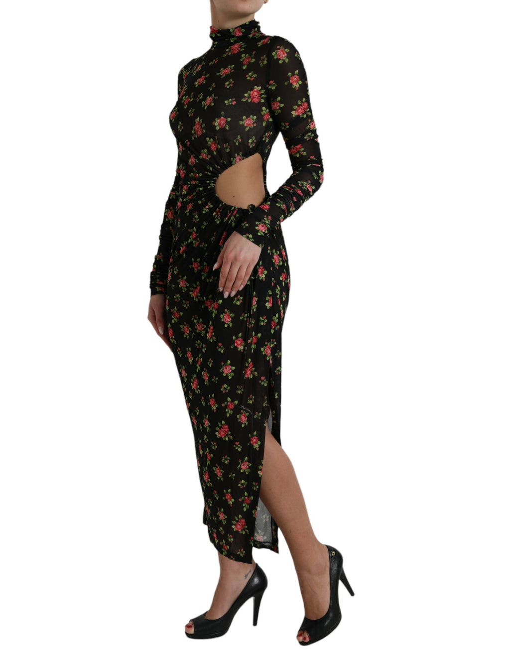 Schwarzes florales, ausgeschnittenes langes Maxi-Kleid im Etui-Stil