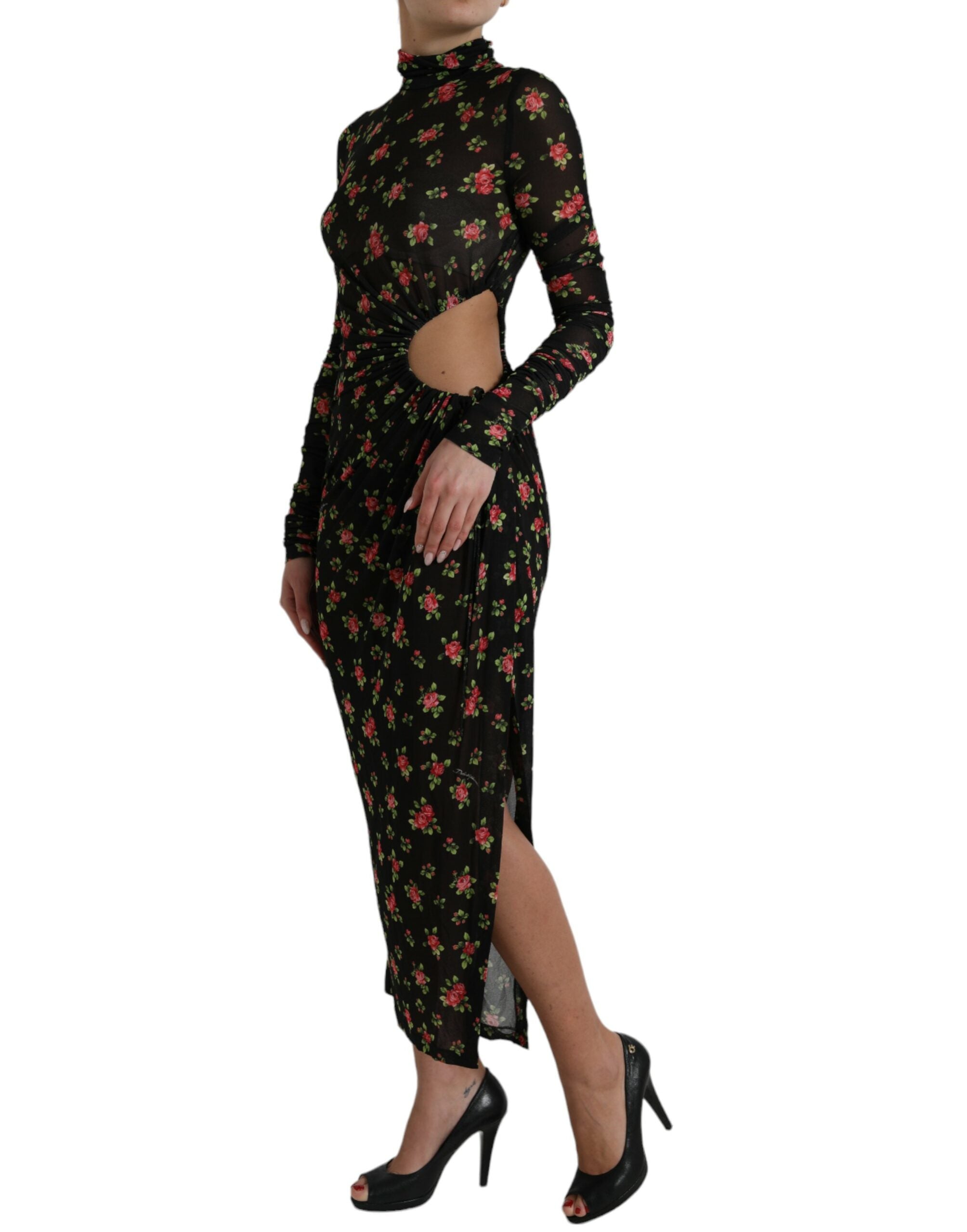 Schwarzes florales, ausgeschnittenes langes Maxi-Kleid im Etui-Stil
