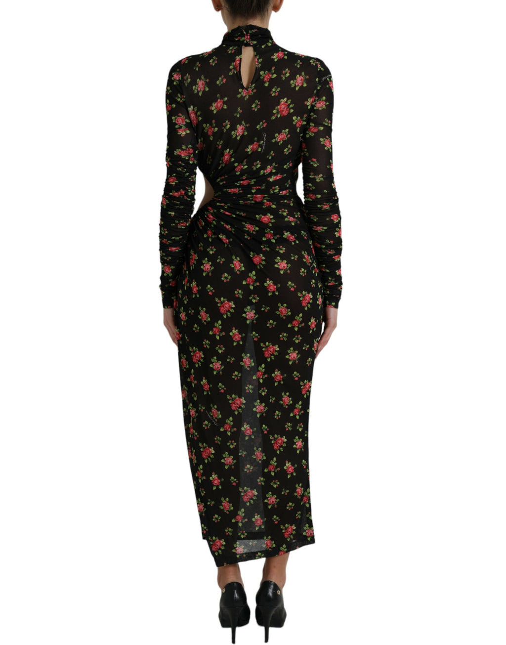 Schwarzes florales, ausgeschnittenes langes Maxi-Kleid im Etui-Stil