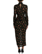 Schwarzes florales, ausgeschnittenes langes Maxi-Kleid im Etui-Stil