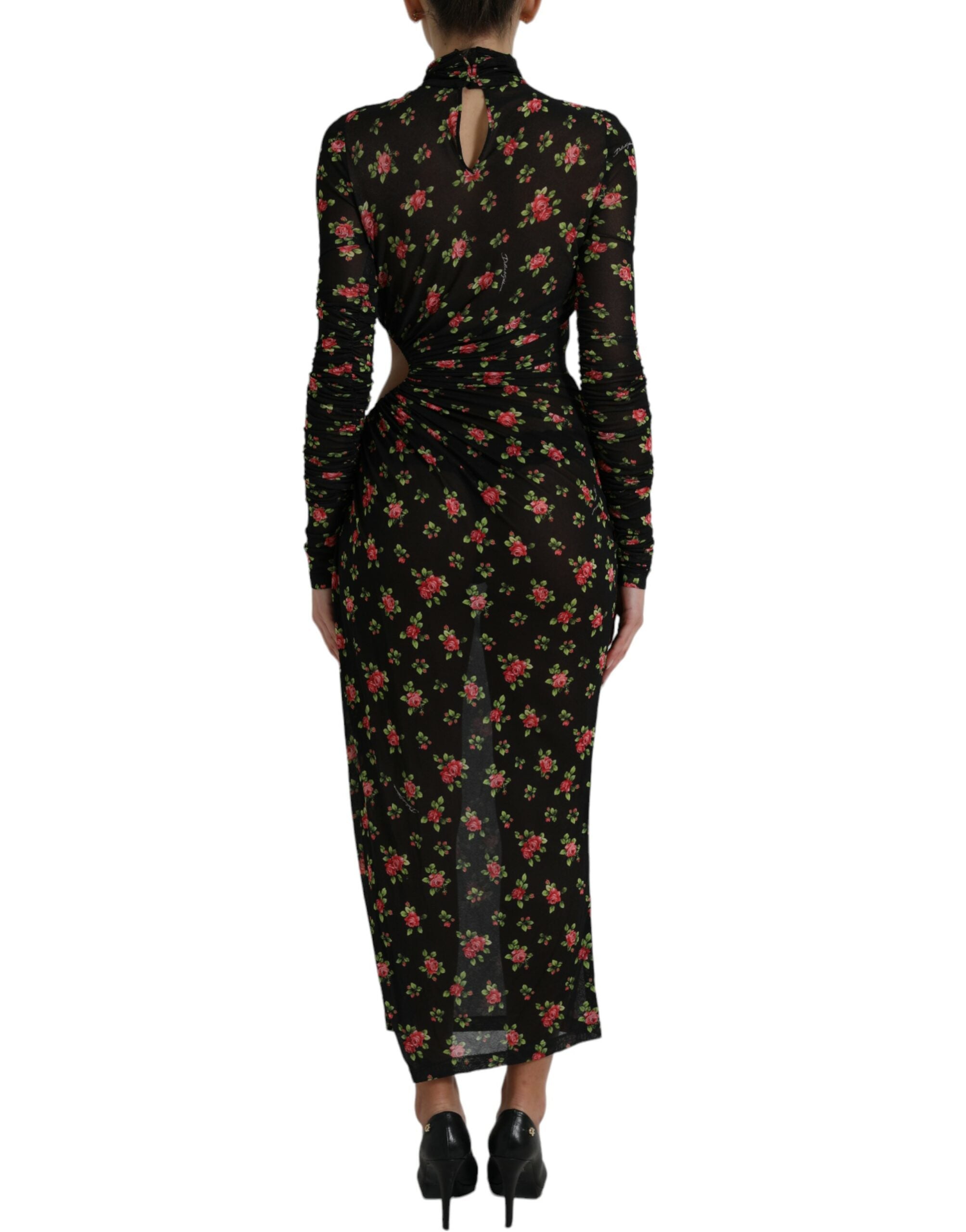 Schwarzes florales, ausgeschnittenes langes Maxi-Kleid im Etui-Stil