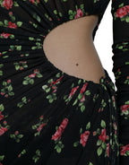 Schwarzes florales, ausgeschnittenes langes Maxi-Kleid im Etui-Stil