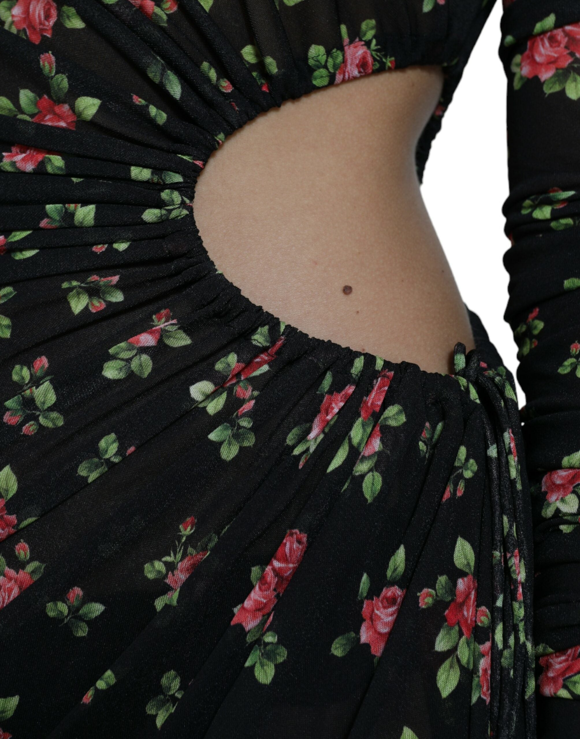 Schwarzes florales, ausgeschnittenes langes Maxi-Kleid im Etui-Stil