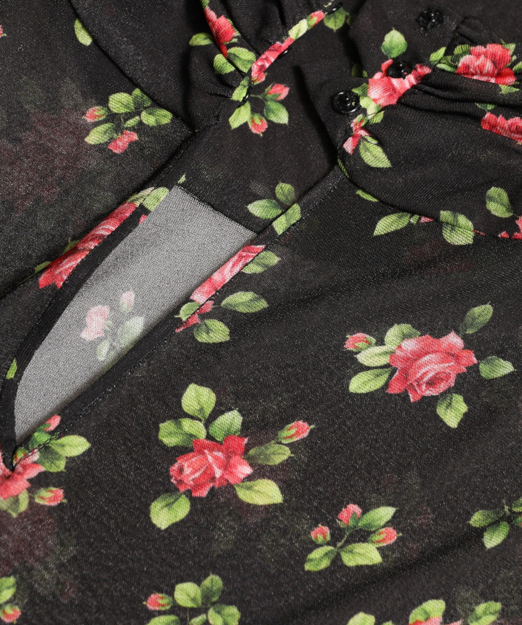 Schwarzes florales, ausgeschnittenes langes Maxi-Kleid im Etui-Stil