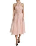 Pinkes Seidenchiffon-Neckholder-Midi-Kleid in A-Linie mit Falten