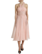 Pinkes Seidenchiffon-Neckholder-Midi-Kleid in A-Linie mit Falten