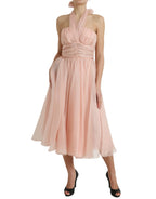 Pinkes Seidenchiffon-Neckholder-Midi-Kleid in A-Linie mit Falten