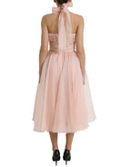 Pinkes Seidenchiffon-Neckholder-Midi-Kleid in A-Linie mit Falten