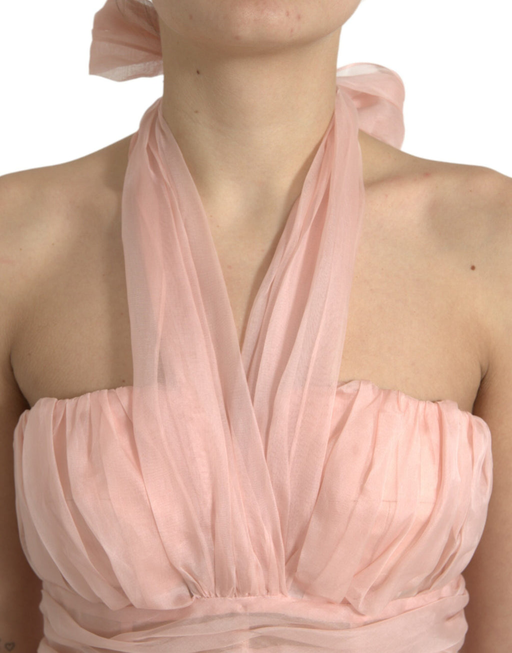 Pinkes Seidenchiffon-Neckholder-Midi-Kleid in A-Linie mit Falten