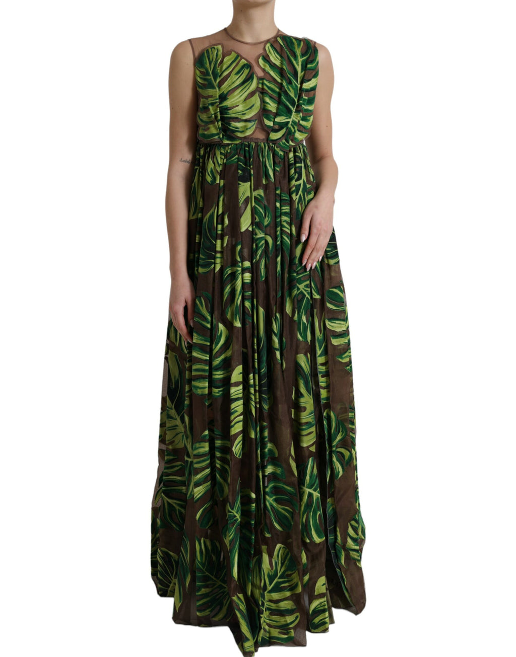 Ärmelloses langes Maxikleid mit grünem Bananenblatt-Print
