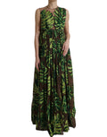 Ärmelloses langes Maxikleid mit grünem Bananenblatt-Print