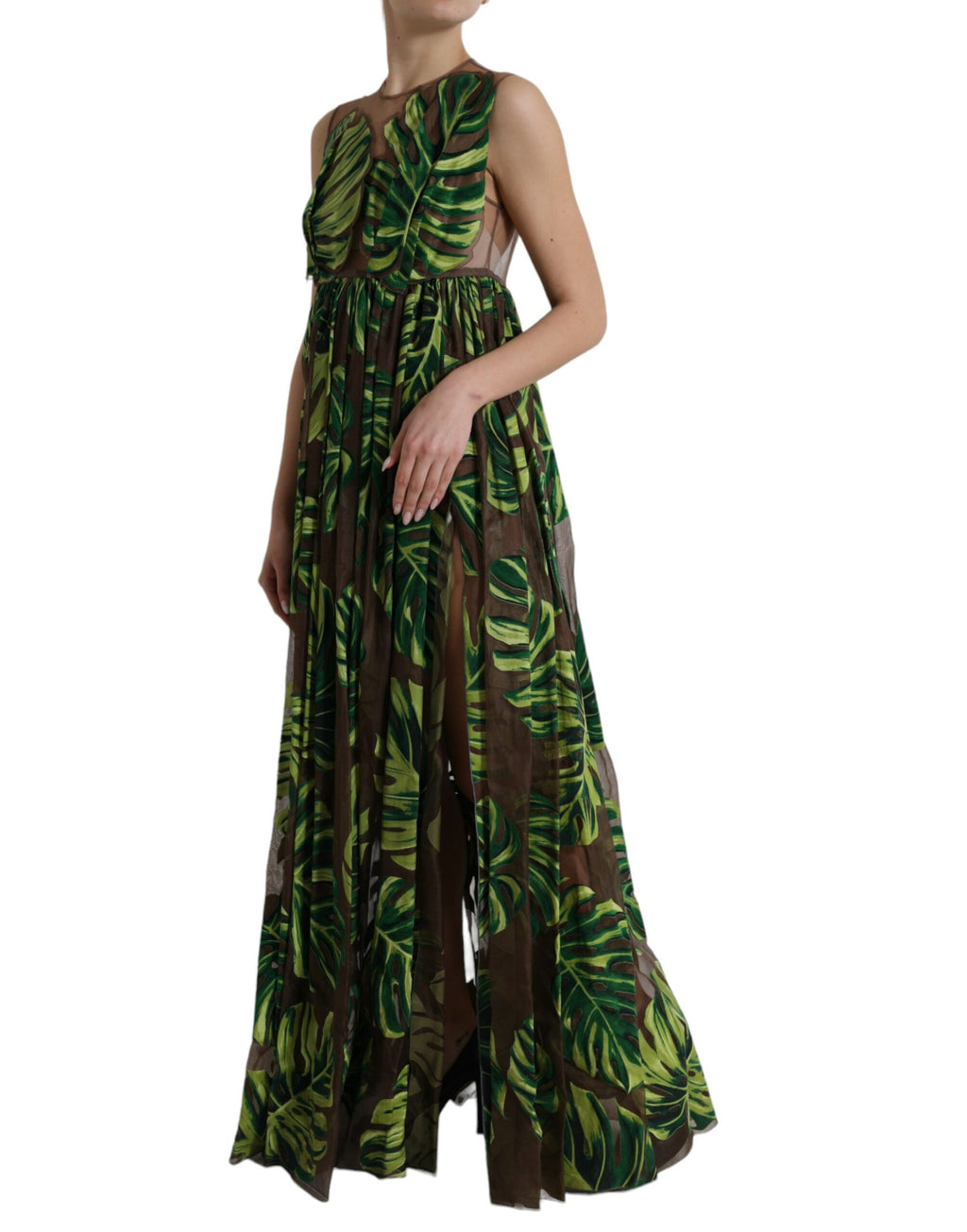 Ärmelloses langes Maxikleid mit grünem Bananenblatt-Print