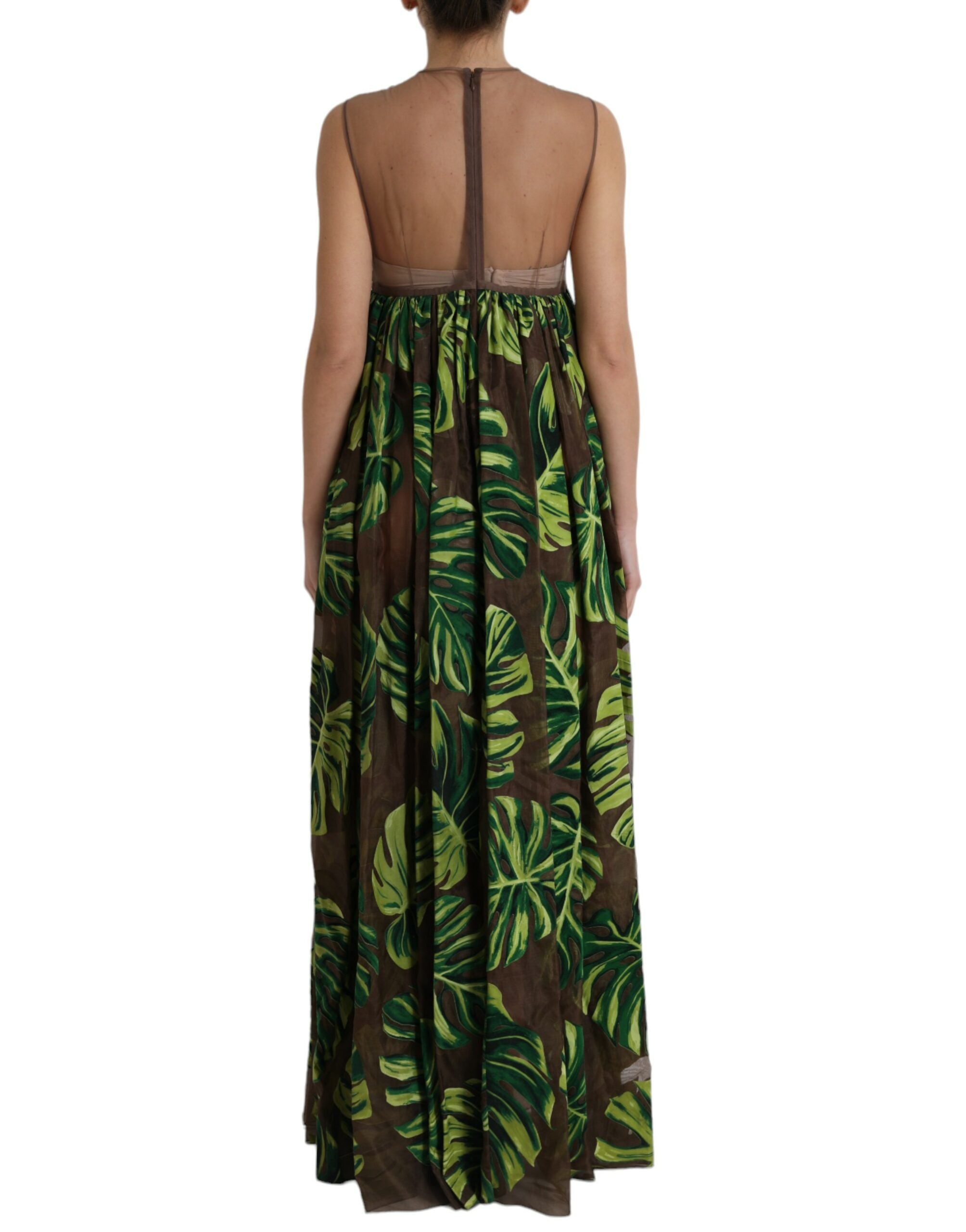 Ärmelloses langes Maxikleid mit grünem Bananenblatt-Print
