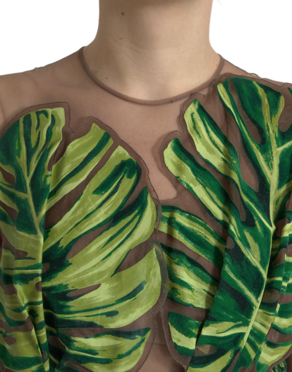 Ärmelloses langes Maxikleid mit grünem Bananenblatt-Print