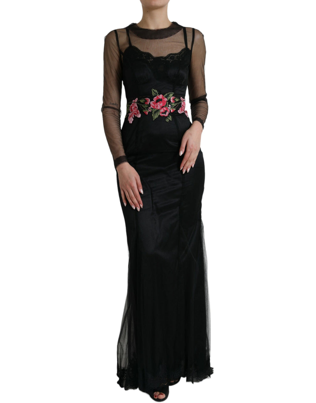 Schwarzes Blumenstickerei Mesh Tüll Abendkleid