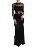 Schwarzes Blumenstickerei Mesh Tüll Abendkleid