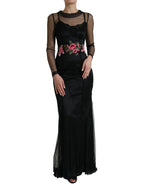 Schwarzes Blumenstickerei Mesh Tüll Abendkleid