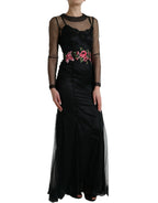 Schwarzes Blumenstickerei Mesh Tüll Abendkleid