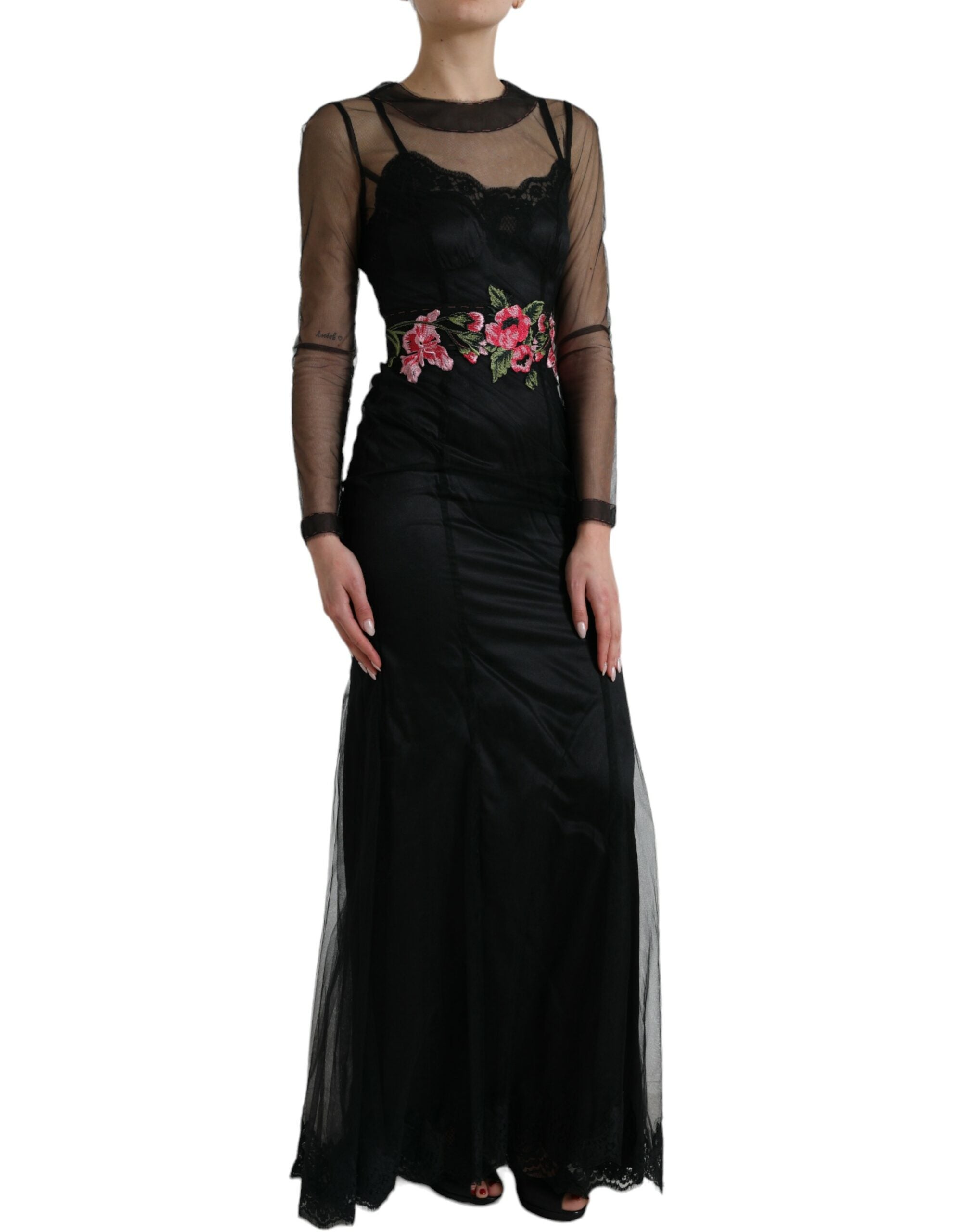 Schwarzes Blumenstickerei Mesh Tüll Abendkleid