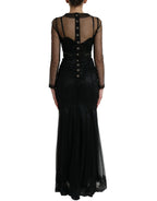 Schwarzes Blumenstickerei Mesh Tüll Abendkleid