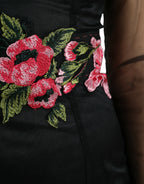 Schwarzes Blumenstickerei Mesh Tüll Abendkleid