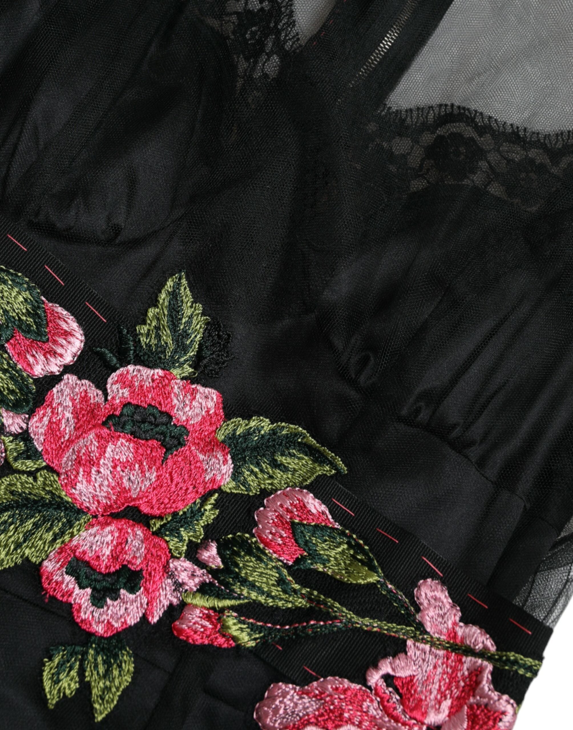 Schwarzes Blumenstickerei Mesh Tüll Abendkleid