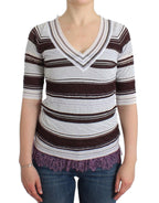 Striped Lace V-Neck Short Sleeve Top Sweater
