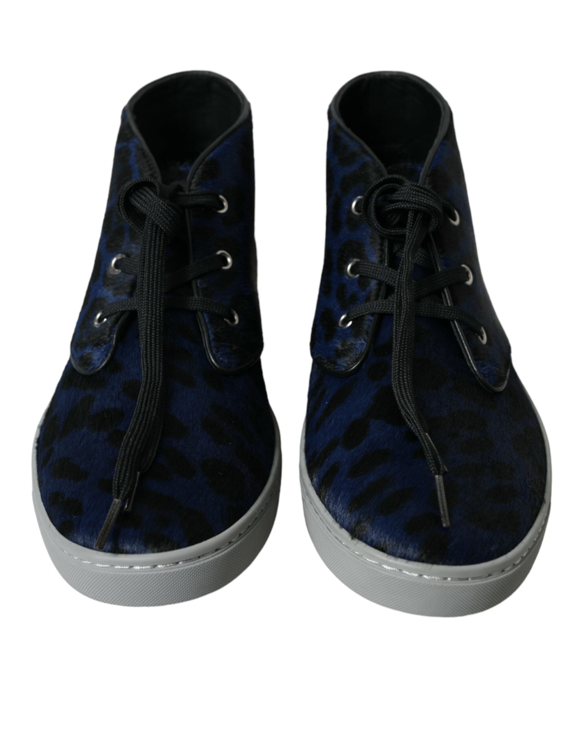 Sneakers aus blauem Kalbsleder mit Leopardenmuster und mittelhohem Schaft