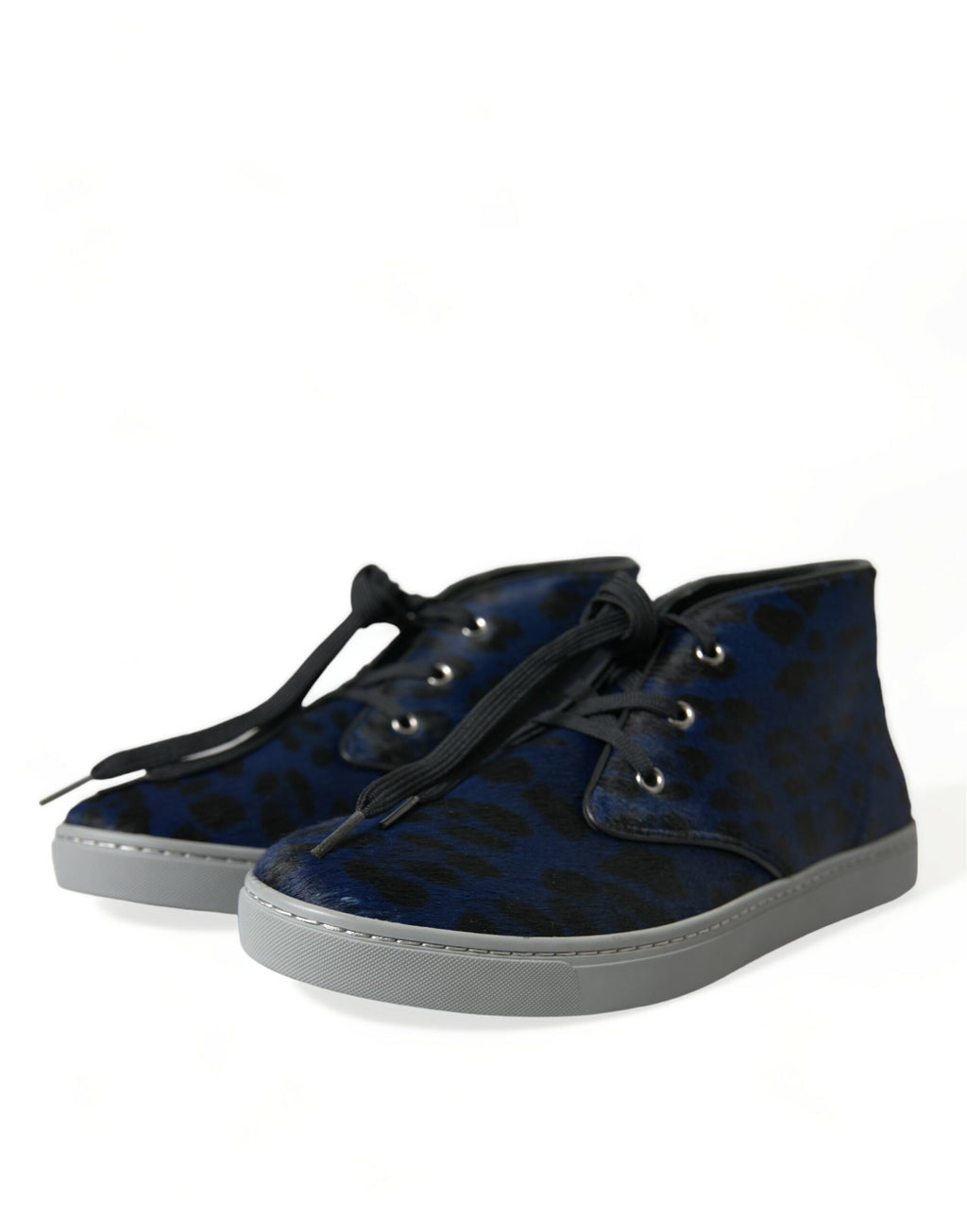 Sneakers aus blauem Kalbsleder mit Leopardenmuster und mittelhohem Schaft