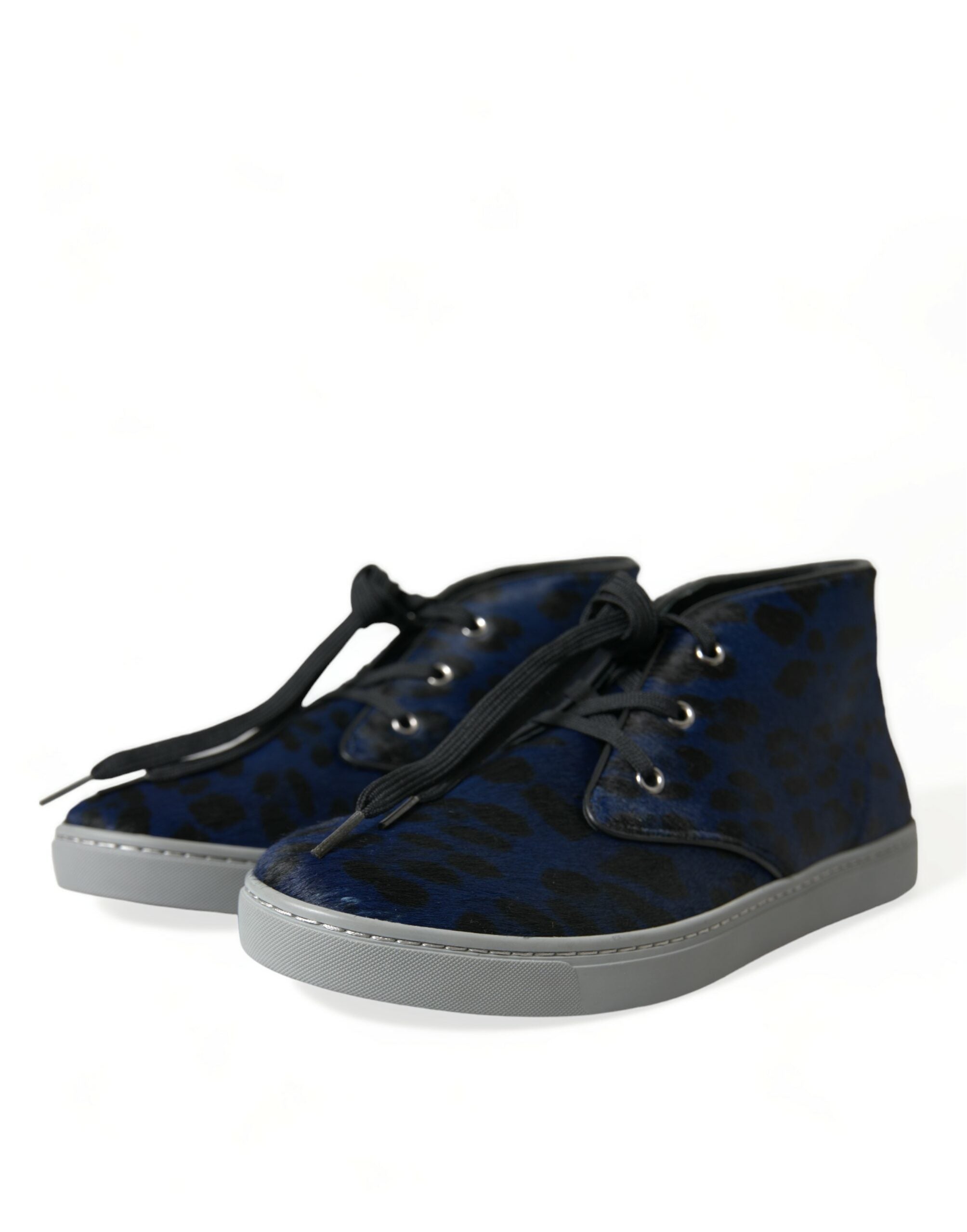 Sneakers aus blauem Kalbsleder mit Leopardenmuster und mittelhohem Schaft