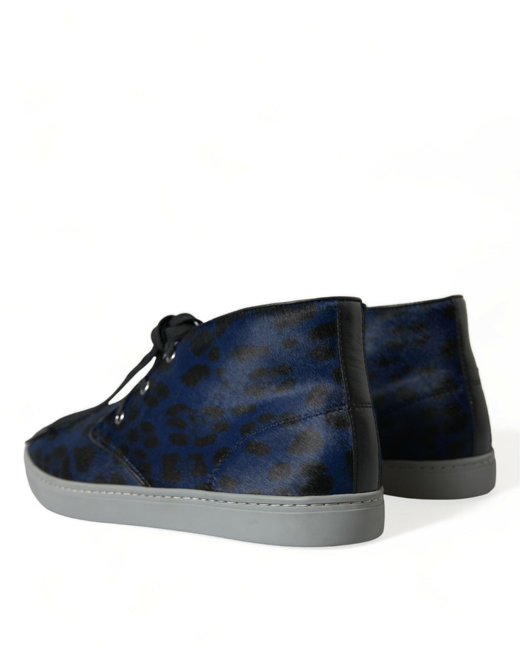 Sneakers aus blauem Kalbsleder mit Leopardenmuster und mittelhohem Schaft