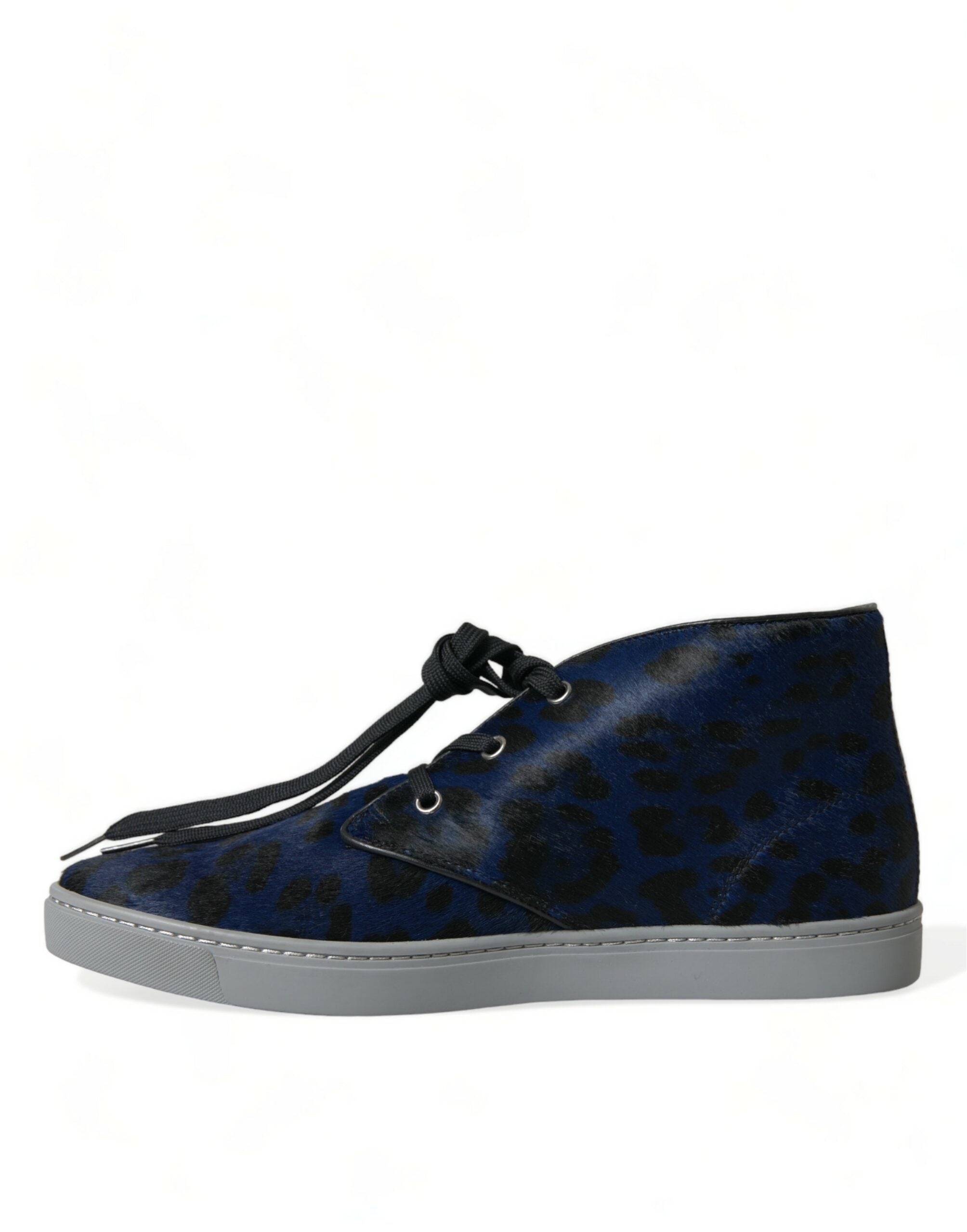 Sneakers aus blauem Kalbsleder mit Leopardenmuster und mittelhohem Schaft