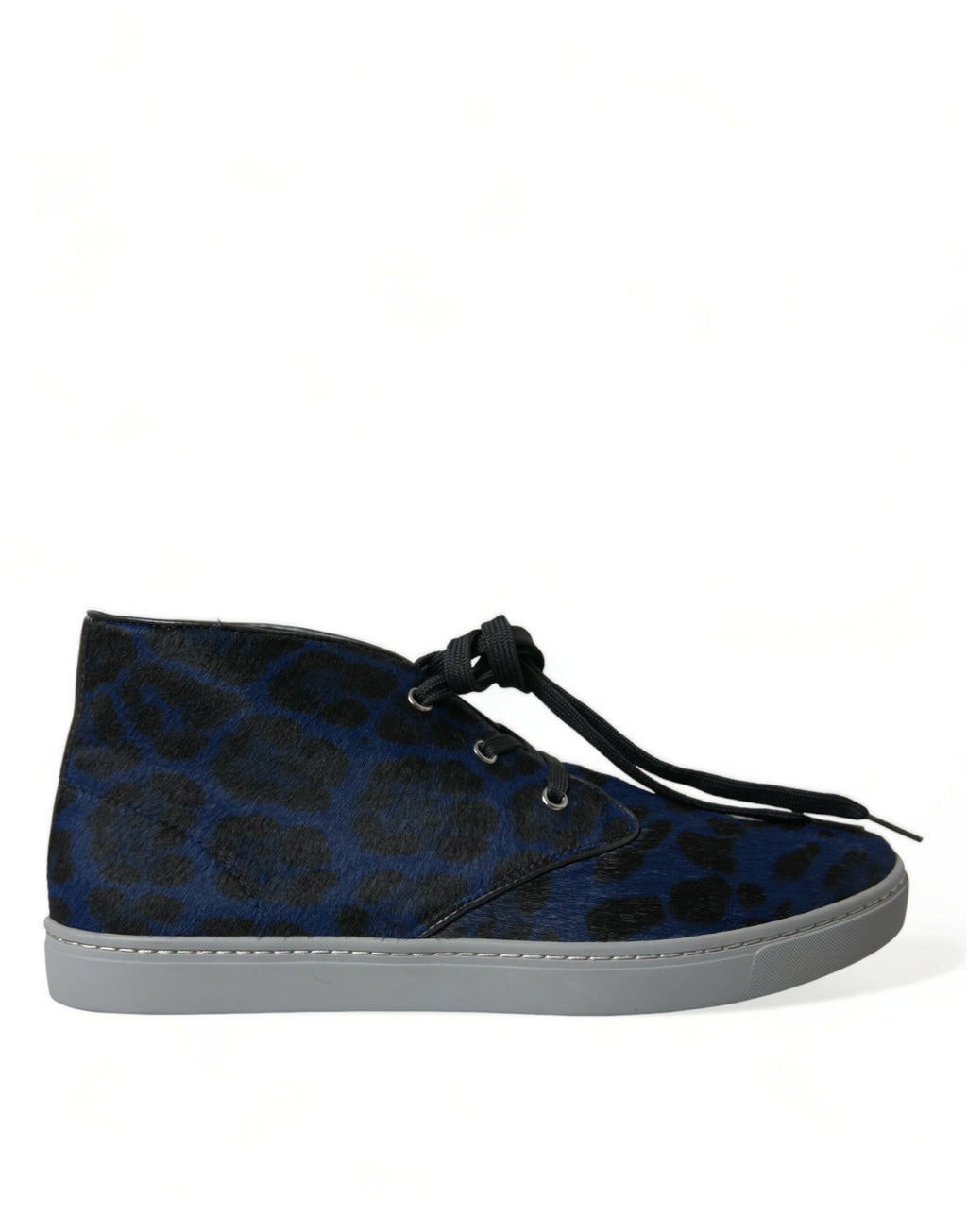 Sneakers aus blauem Kalbsleder mit Leopardenmuster und mittelhohem Schaft