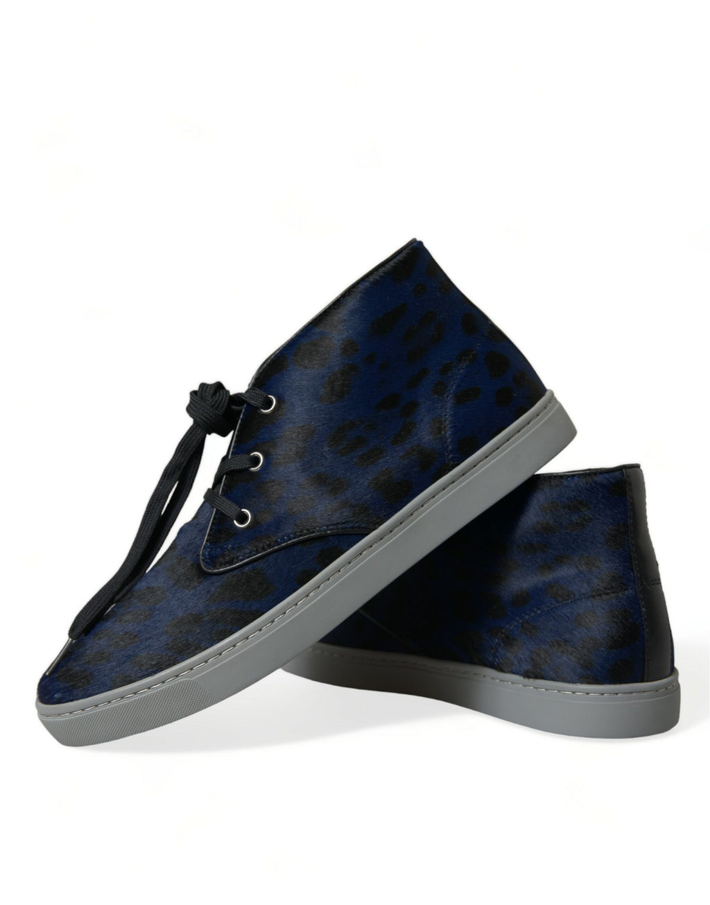 Sneakers aus blauem Kalbsleder mit Leopardenmuster und mittelhohem Schaft