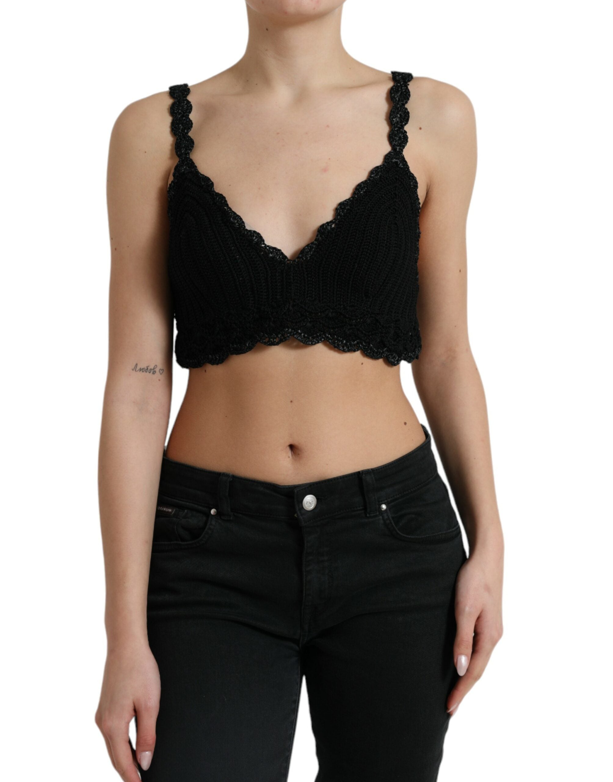 Schwarzes bauchfreies Häkel-Tanktop aus Baumwolle