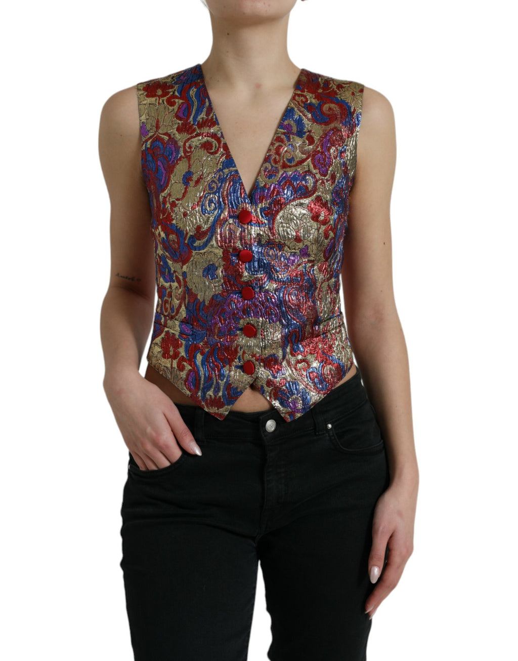 Mehrfarbiges Jacquard-Westen-Oberteil mit Knopfleiste